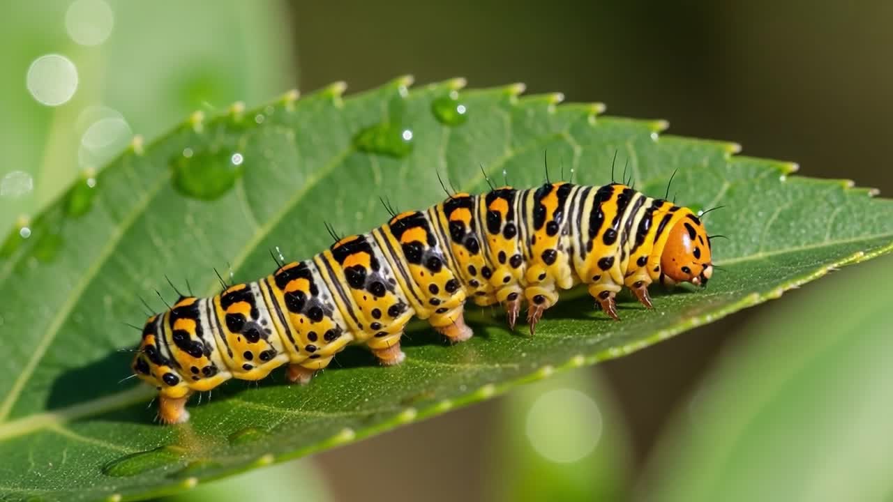 A Colorful Caterpillar Crawling Along a Leaf, Showcasing Its Striking Yellow and Black Patterns Under Bright Natural Light in a Lush Environment