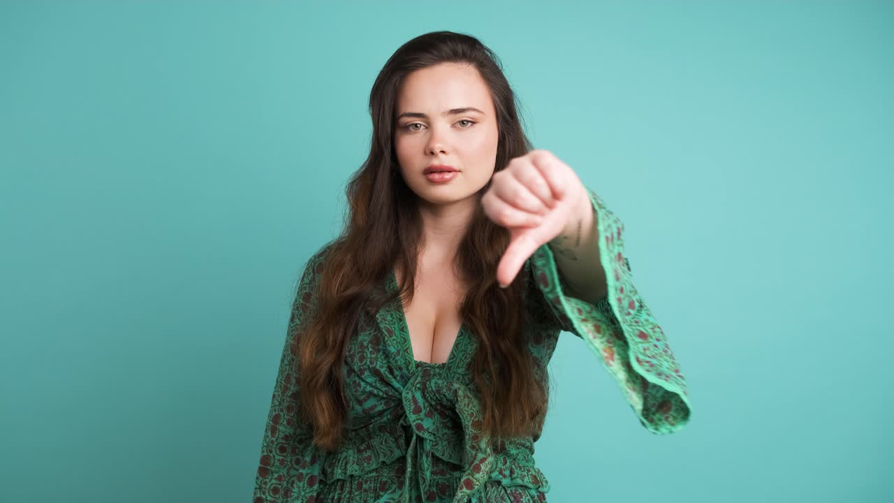 Sad young woman showing thumb down in blue studio