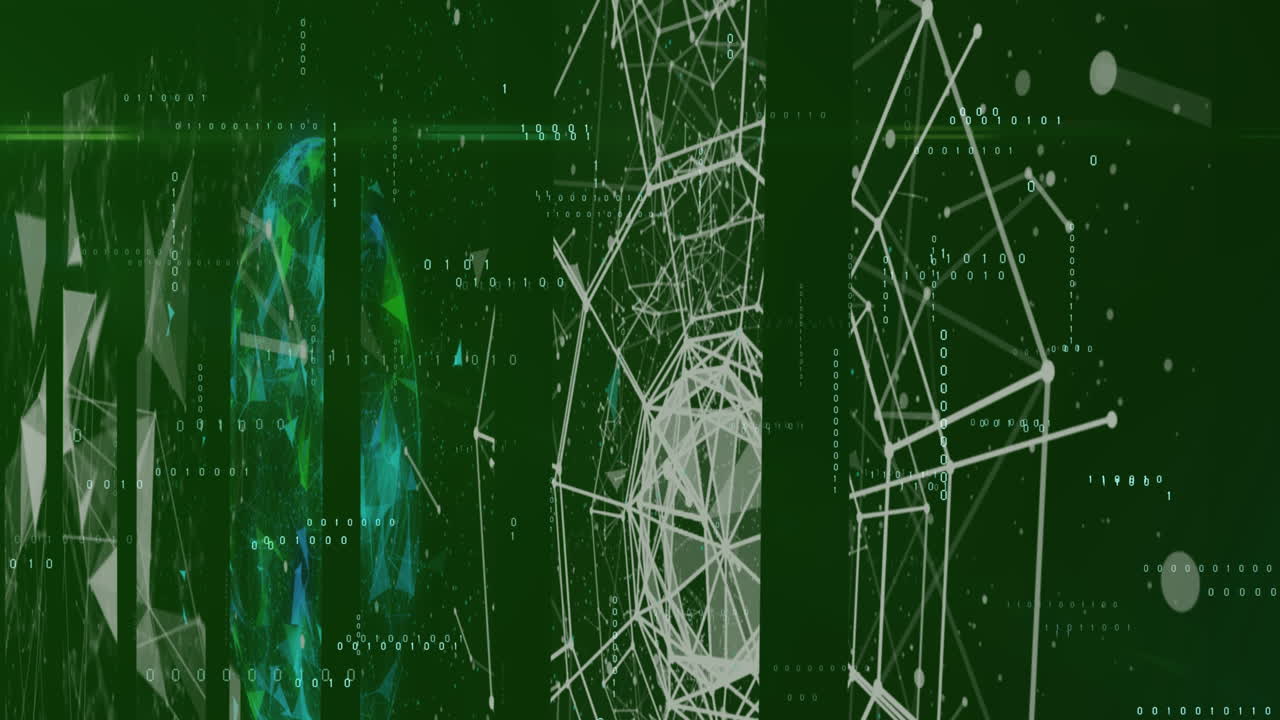 Animation of data processing and shapes on black background
