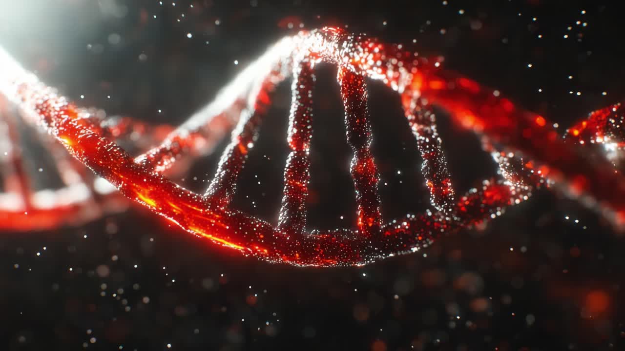 Immagini accattivanti di una doppia elica di DNA luminosa ad alta definizione che mostrano le complessità delle strutture genetiche e delle dinamiche molecolari sotto un'illuminazione drammatica.