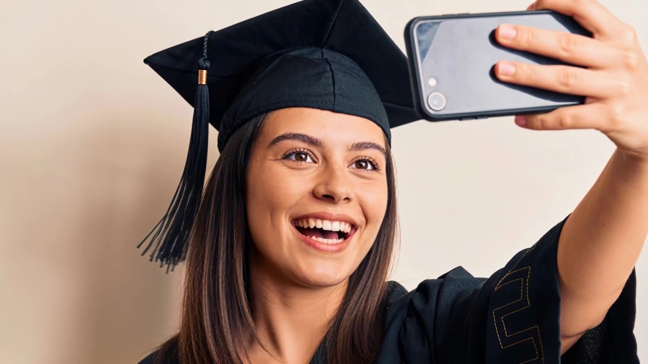 Laureata sorridente in toga che tiene il telefono a braccio teso scattando selfie di laurea a casa, con il nastro che ondeggia
