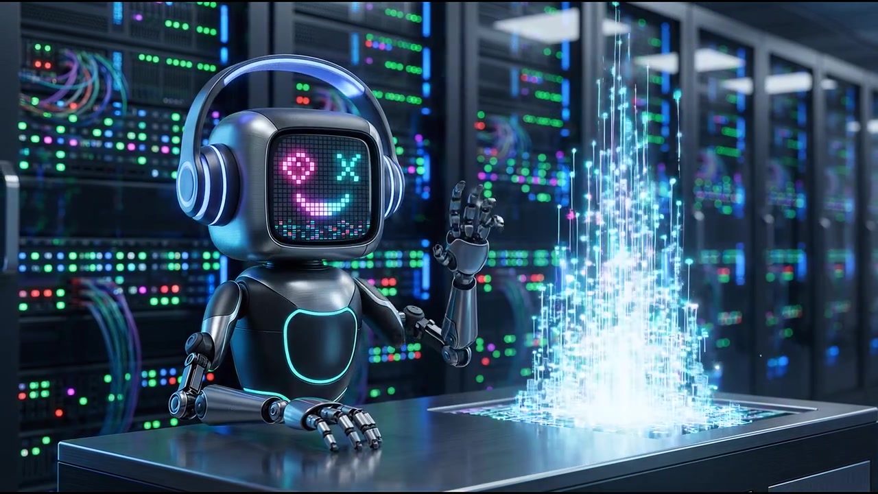 Visualizzazione dell'intelligenza artificiale con volto robotico e sfondo di rete di dati digitali