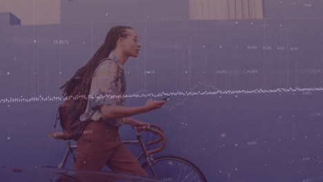animation of data processing over biracial man with dreadlocks and bike using smartphone