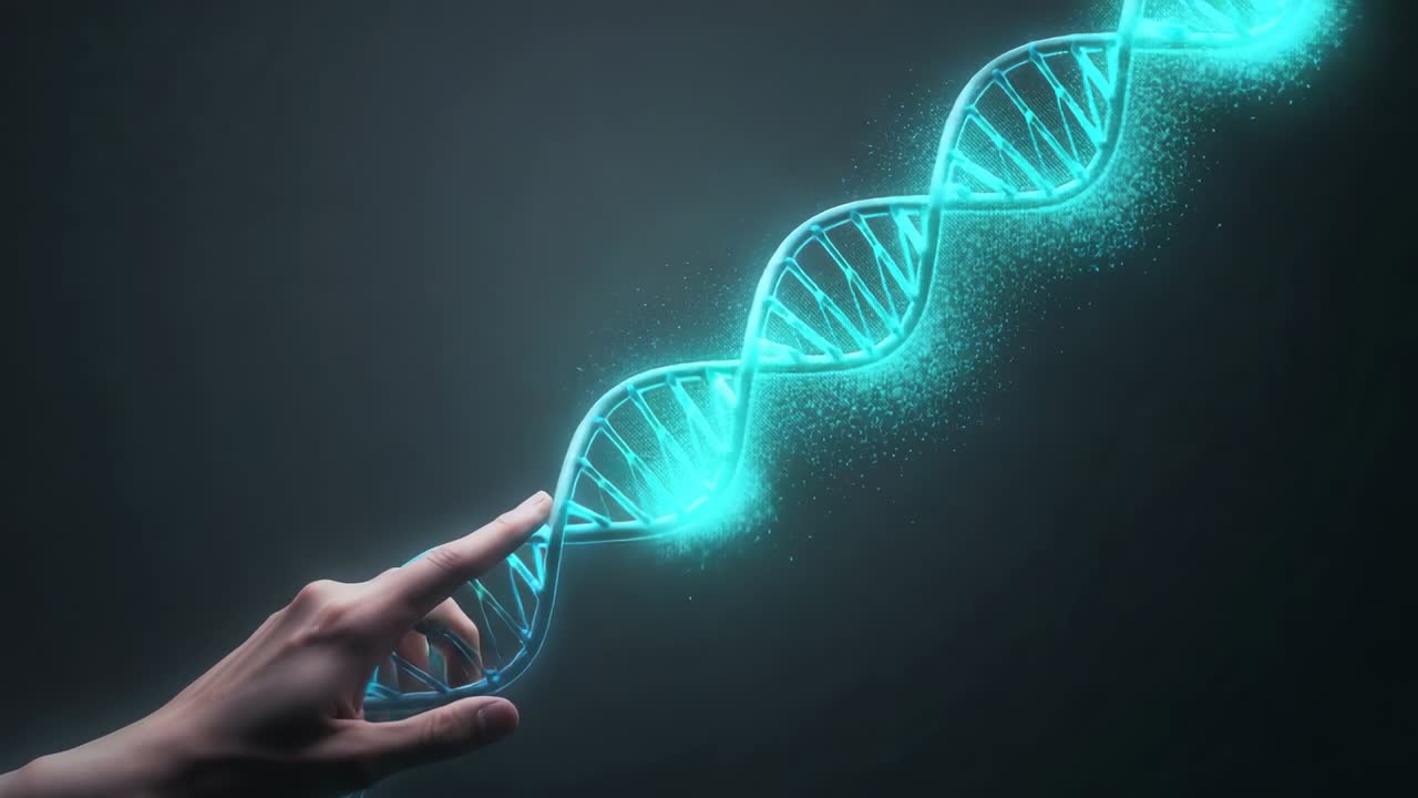 Entrando, una mano tocca e fa scorrere un'elica di DNA ciano brillante in uno studio buio, attivando una scia di particelle