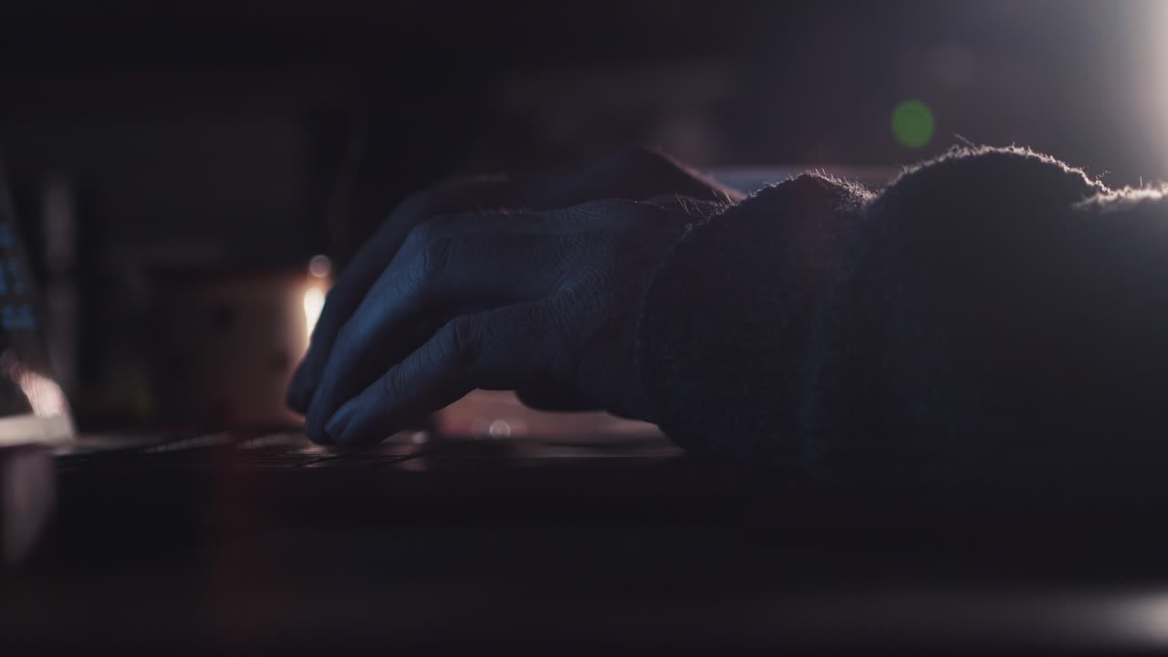 Un coder, hacker o programmatore digita su una tastiera di laptop in un'atmosfera notturna illuminata da una lampada.