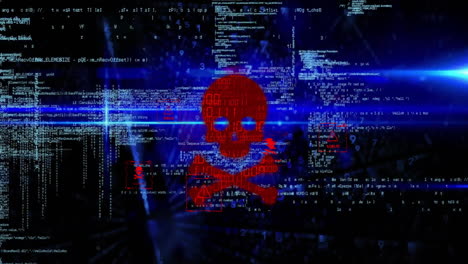 Animation of skull and bones and data processing over black background