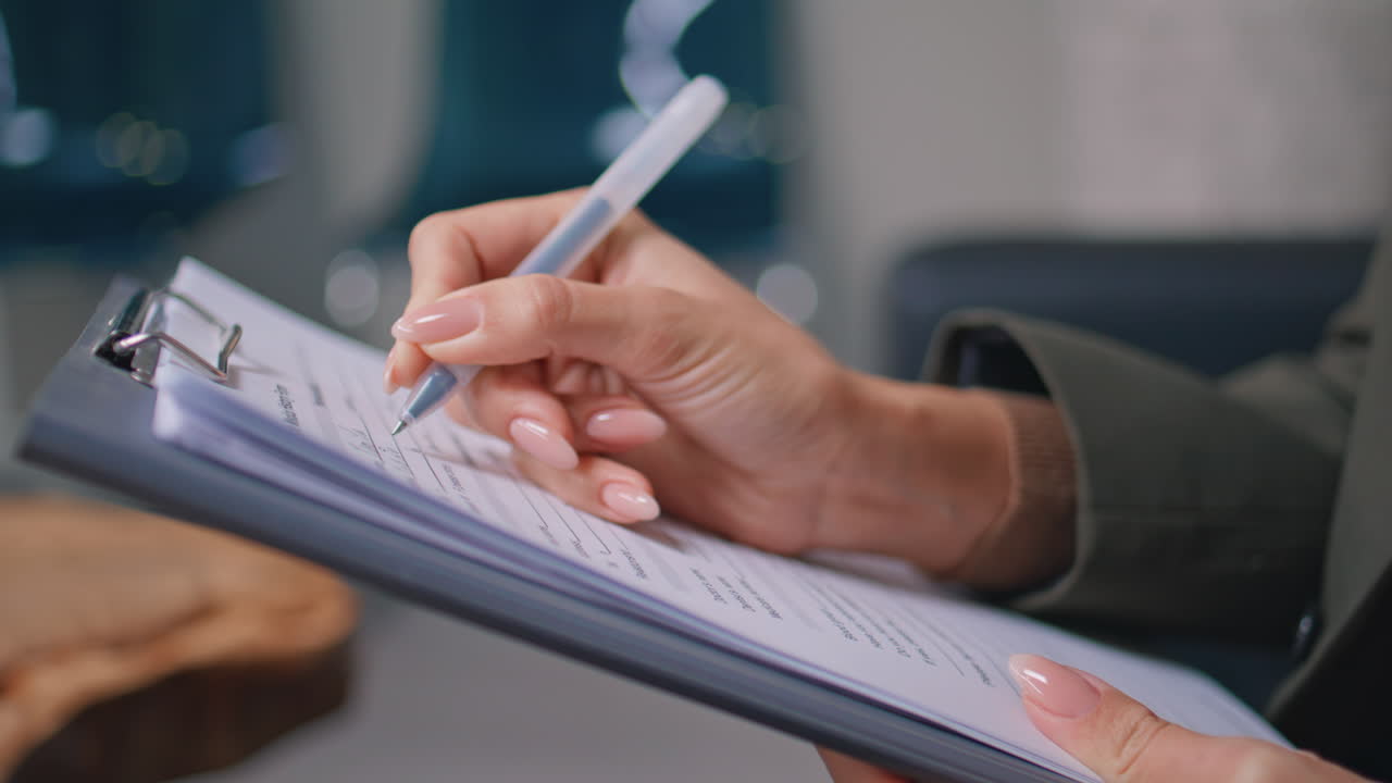 Unrecognizable woman filling insurance form on clipboard sitting couch