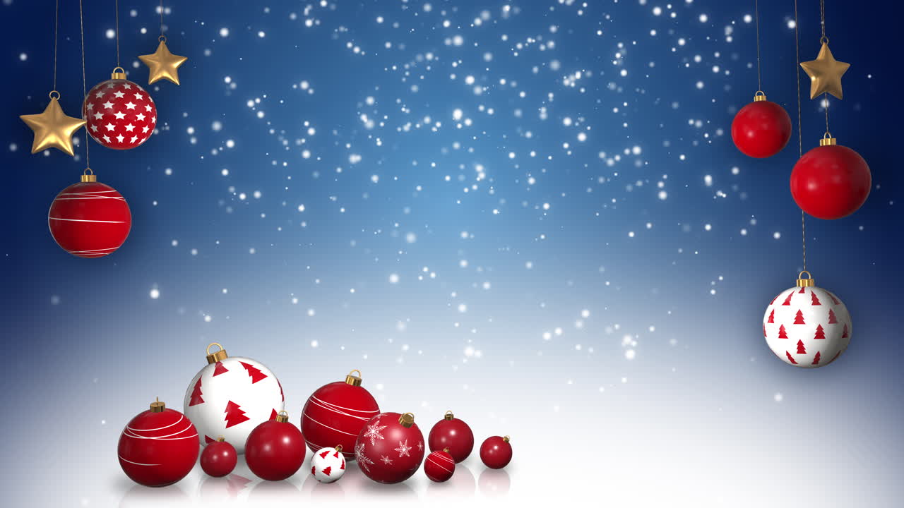 Christmas blue background with falling snow and red balls on strings. Copy space. Festive New Year's loop animation.