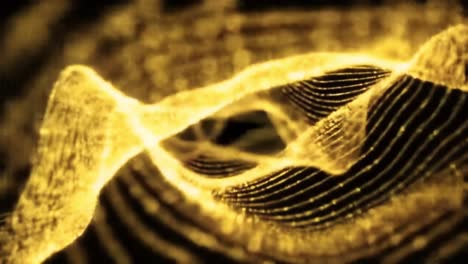 experience a stunning display of golden waves and intricate patterns flowing smoothly through a dark background. this mesmerizing animation captivates with its fluid movement and depth.