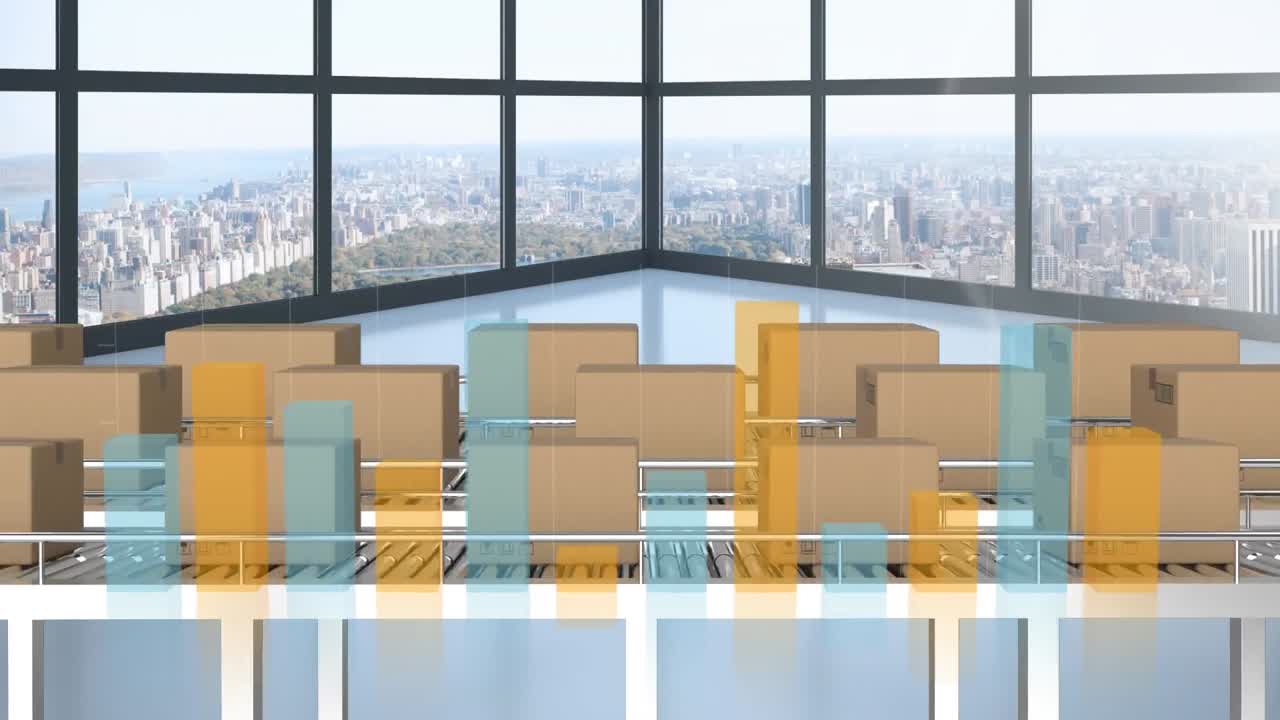 컨베이어 벨트와 도시 풍경에 있는 카드보드 상자 위의 통계 처리의 애니메이션