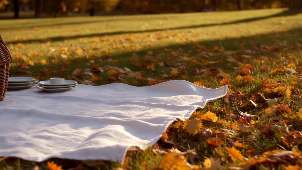 Una coperta da picnic bianca giace in primo piano a sinistra sull'erba coperta di foglie autunnali cadute, con un cesto di vimini e piatti impilati accanto ad essa sotto una luce calda