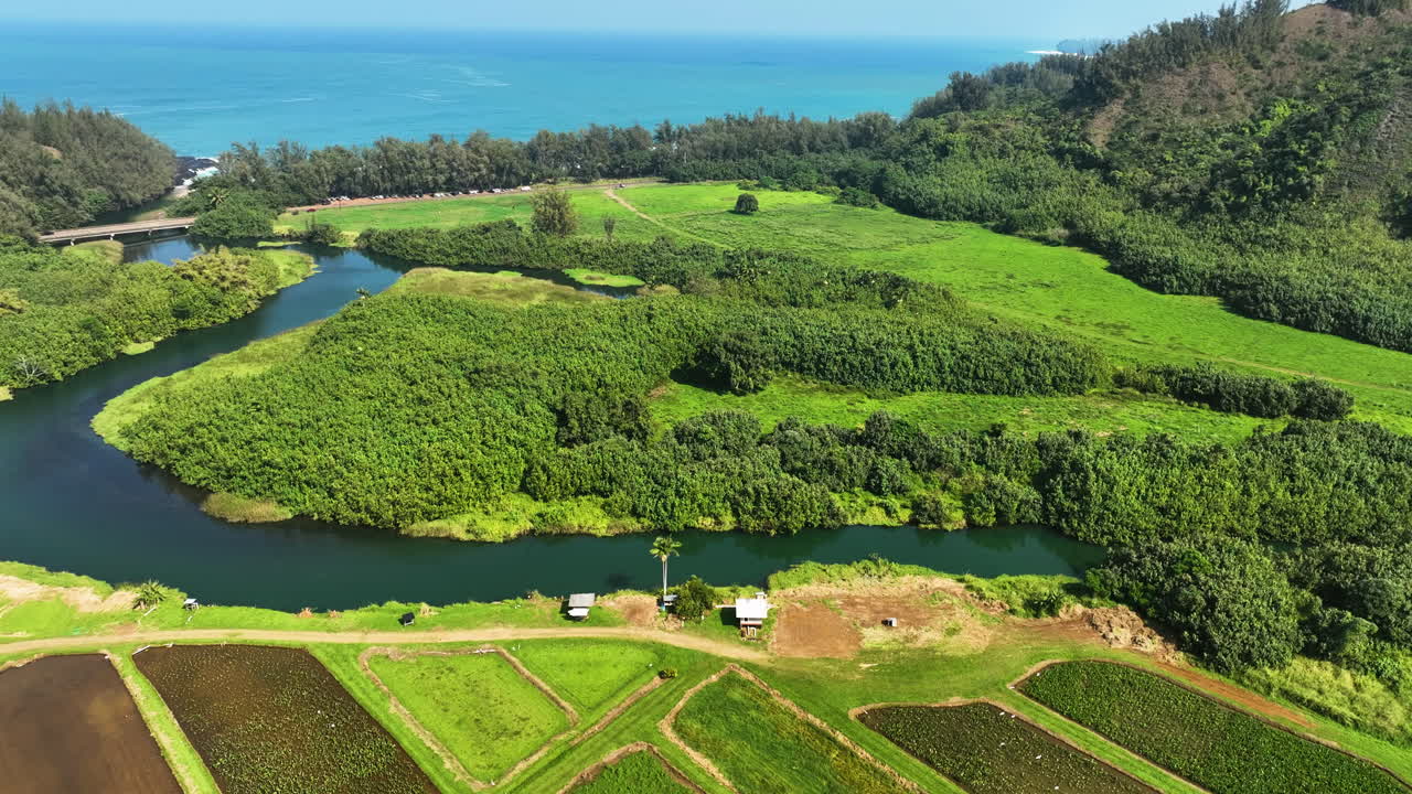 Aerial tracking overview of the Lumahai river in Kauai, sunny day in Hawaii