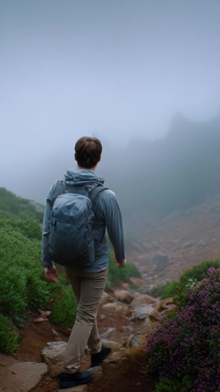 A lone hiker explores a misty mountain trail surrounded by lush greenery and vibrant wildflowers, embracing the serenity of nature on this foggy adventure.