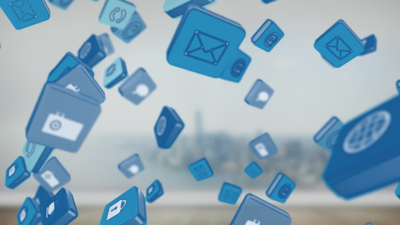 Animating blue social media icons over cityscape background