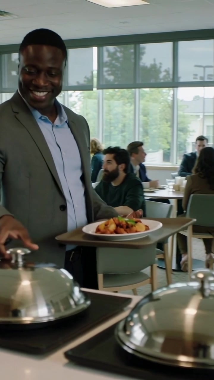 Vertical video: Walking man in suit with tray, lifting lid and checking meal at buffet, copy space