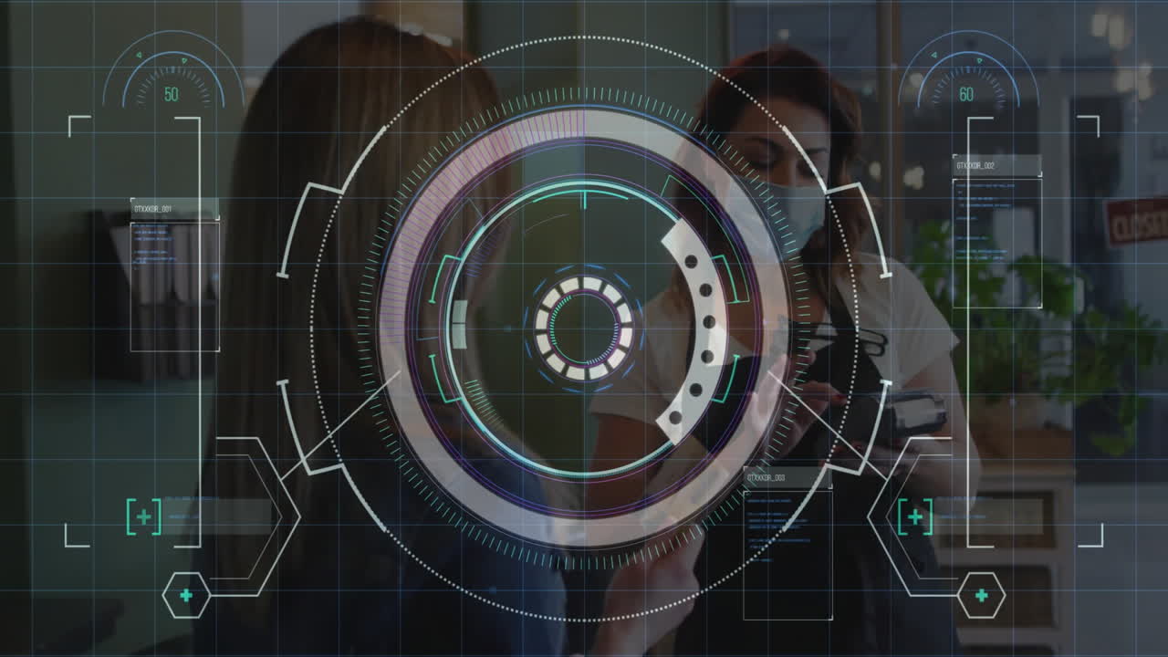 Futuristic digital interface animation over people collaborating in modern office