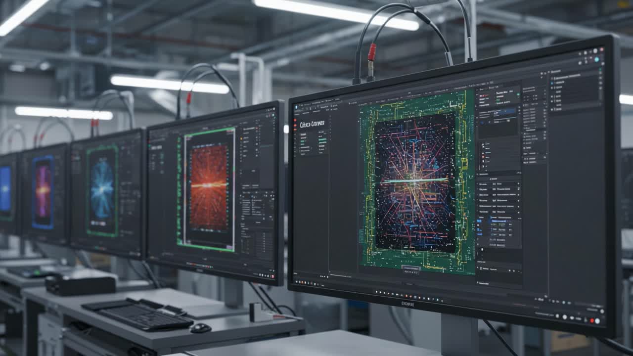 Showcasing Advanced Graphics Processing in a High-Tech Laboratory Setting: Monitors Displaying Intricate Visualizations and Data Analysis Workflows