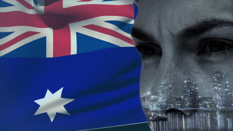 animation of face and cityscape over flag of australia