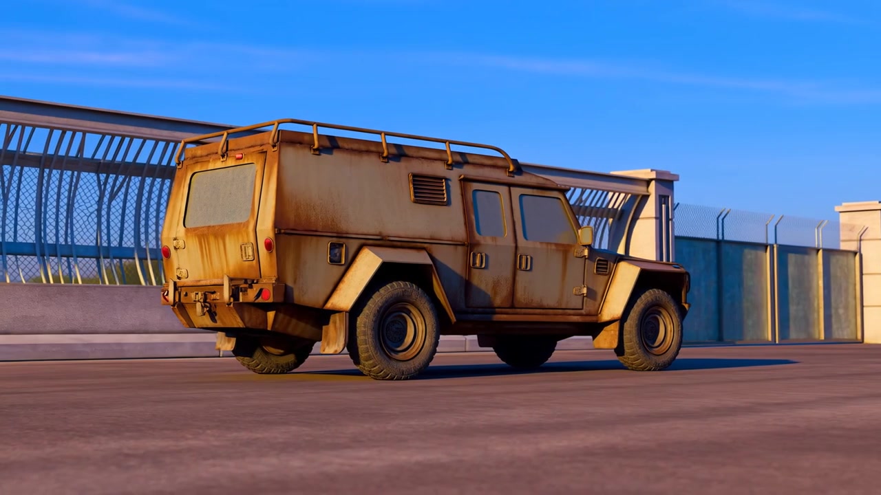 En pansret SUV kører mod højre på en indhegnet bro, hvor solopgangen kaster et varmt lys, der afslører rust