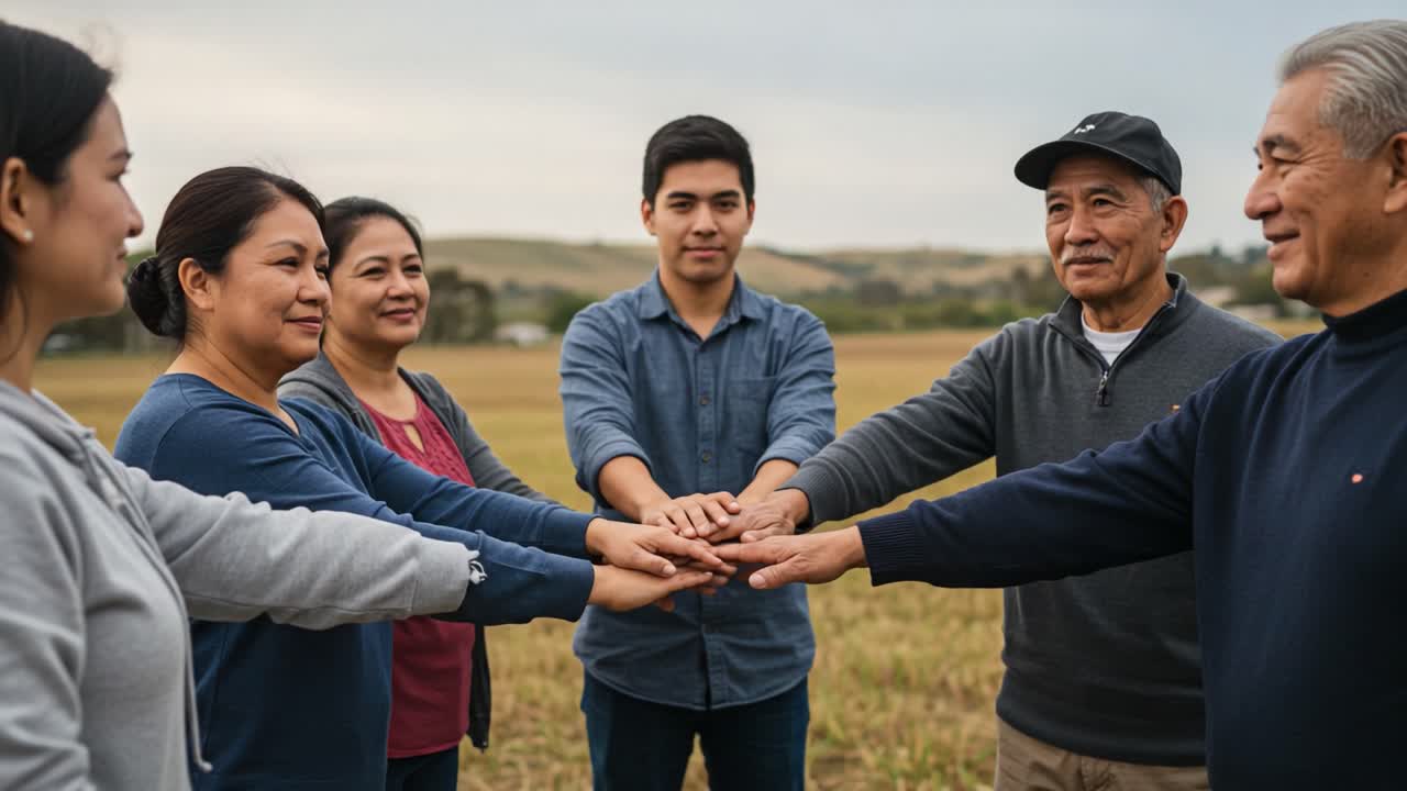 A Diverse Group of People Join Hands in Unity, Signifying Togetherness and Community Engagement in an Open Field Setting with a Calm Background