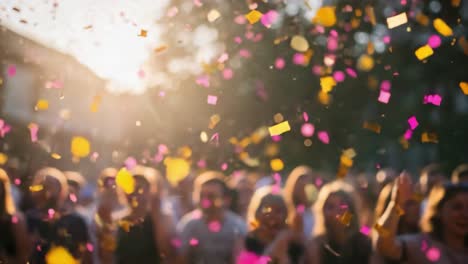 a vibrant celebration filled with colorful confetti and joyous moments captured amidst the cheerful crowd, highlighting the essence of festivity and togetherness