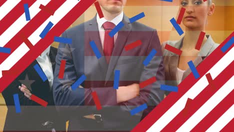 animación de confeti coloreado en bandera estadounidense sobre personas de negocios