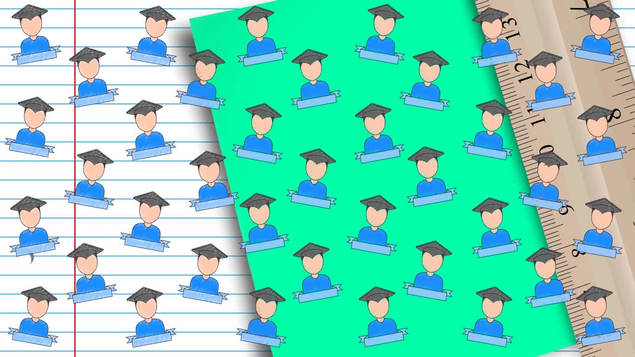 책과 노트북 위에 있는 학교 물건 아이콘의 애니메이션