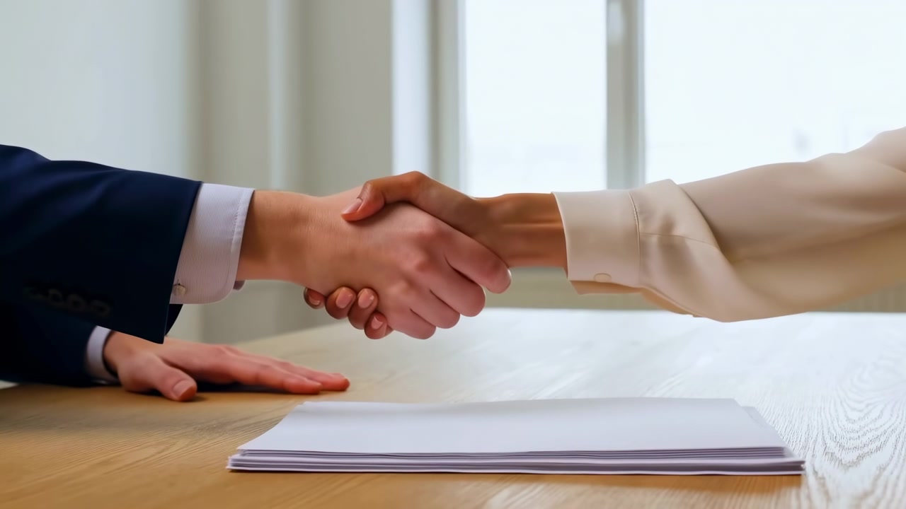 Dos individuos con atuendo de negocios dándose la mano en una mesa de madera con papeles, en un ambiente de oficina profesional y formal, vista lateral, vestimenta azul y blanca, acuerdos comerciales y asociación