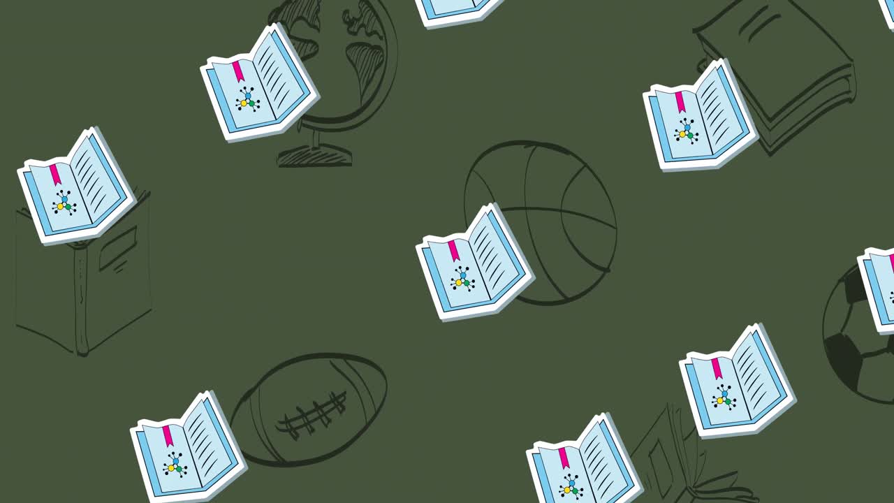 Animation of repeated textbooks moving over sports ball and book doodles on green chalkboard