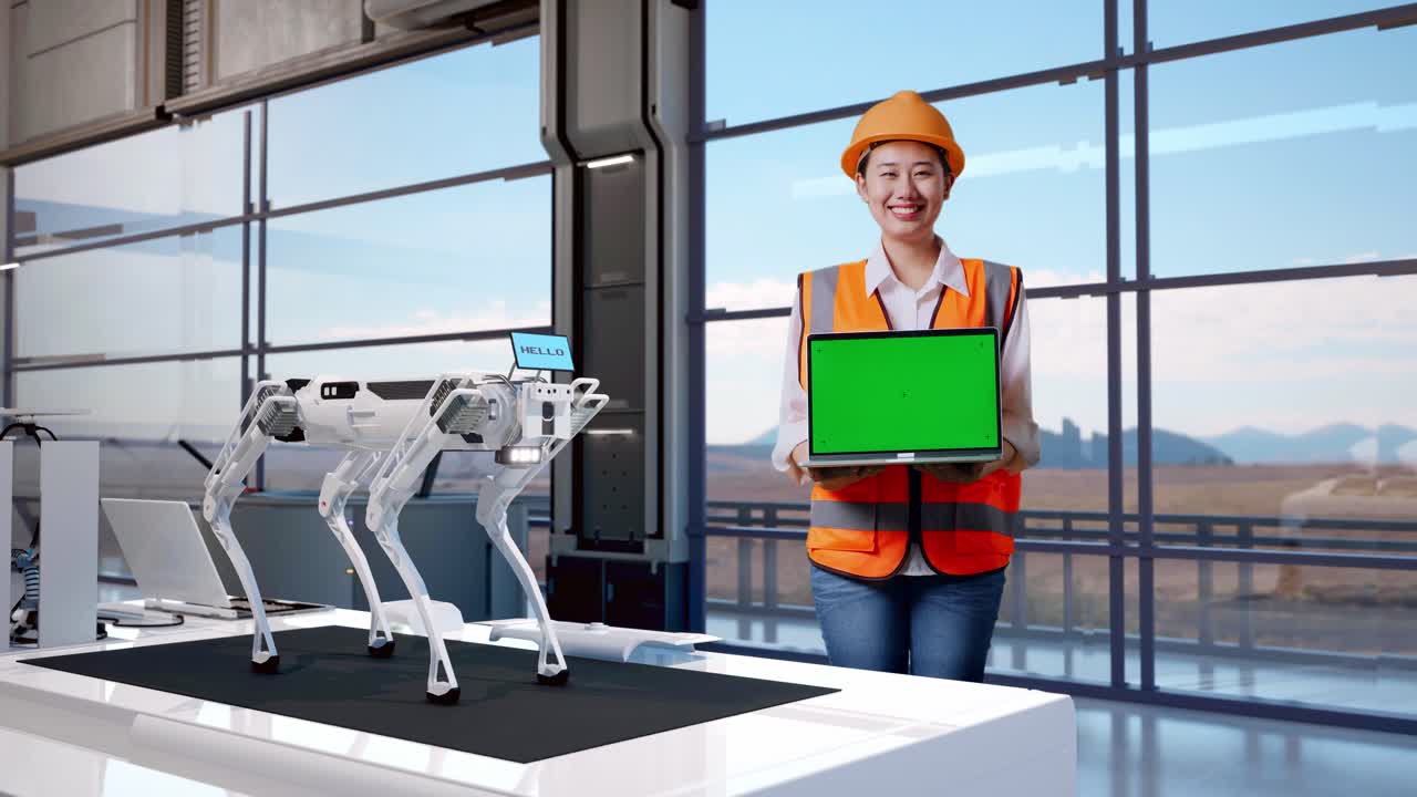 mujer ingeniera con perro robot y portátil en una fábrica moderna