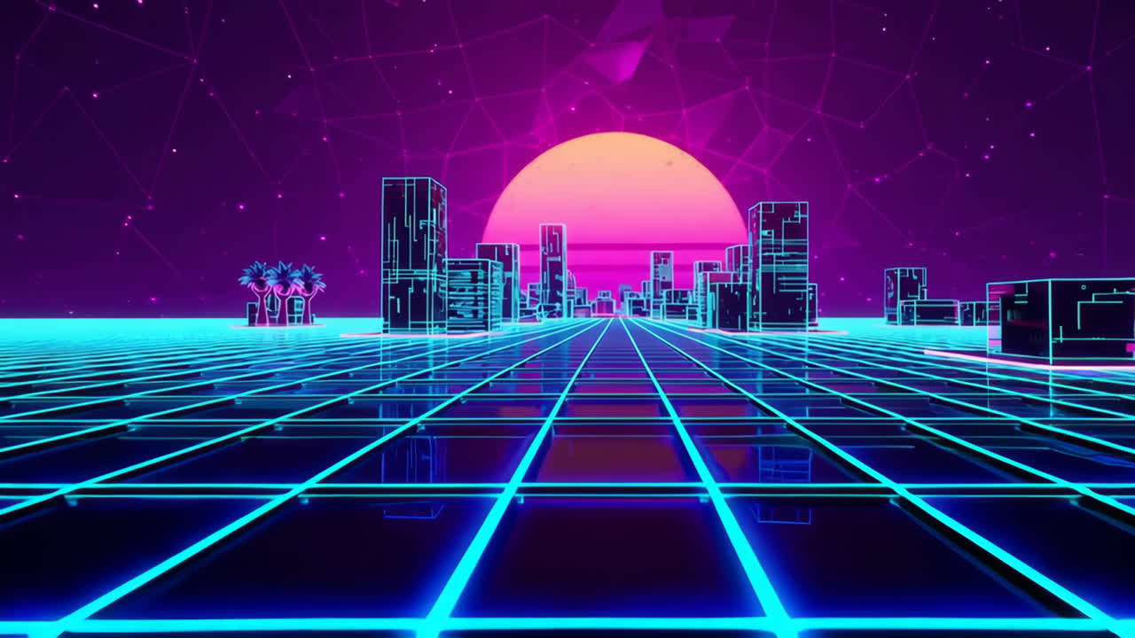 Retro-Futuristic Synthwave Cityscape with Neon Grid and Sunset