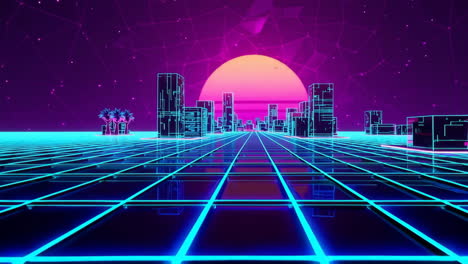 retro-futuristic synthwave cityscape with neon grid and sunset