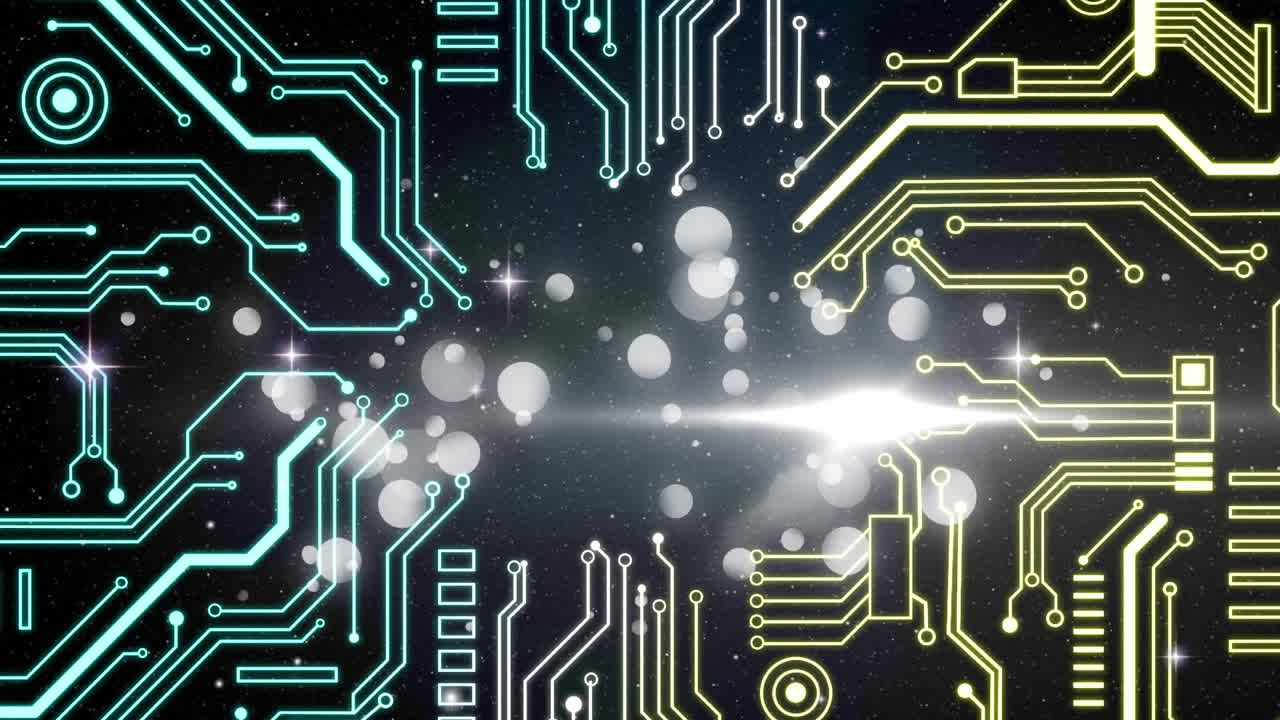 빛나는 컴퓨터 회로판에 데이터 처리의 애니메이션