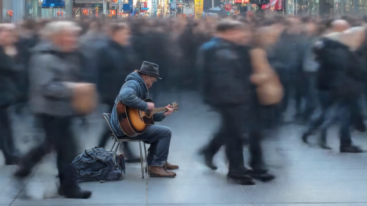 A Street Musician Captivates the Crowd: A Moment of Connection Amidst the Hustle and Bustle of Urban Life, Strumming Melodies that Resonate with Passersby
