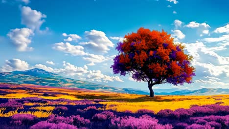 a lone tree in the middle of a field of purple and orange flowers