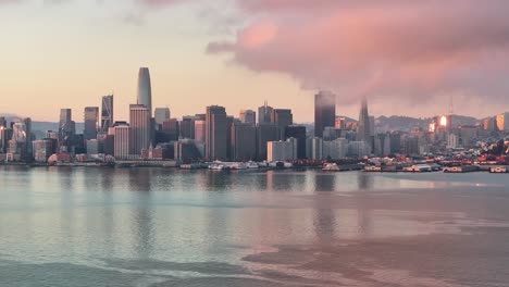 aerial static view of vibrant pink sunrise over san francisco skyline, usa