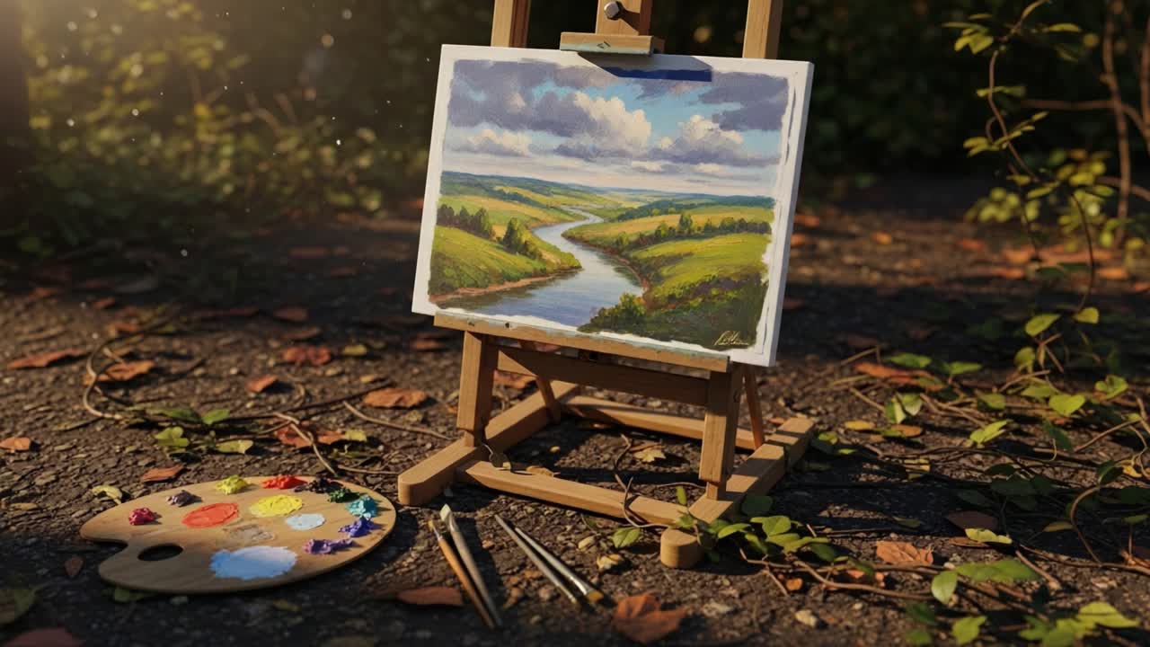 Capturing Serenity: A Peaceful Landscape Painting on an Easel Surrounded by Nature, Evoking Tranquility with Colorful Palette and Lush Greenery
