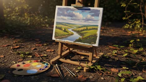 capturing serenity: a peaceful landscape painting on an easel surrounded by nature, evoking tranquility with colorful palette and lush greenery