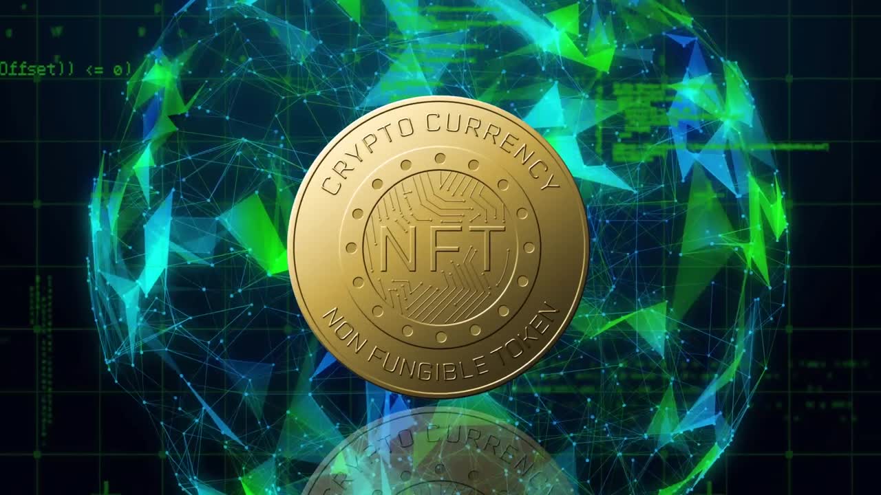 animación del texto nft en moneda de oro y red de conexiones sobre fondo oscuro