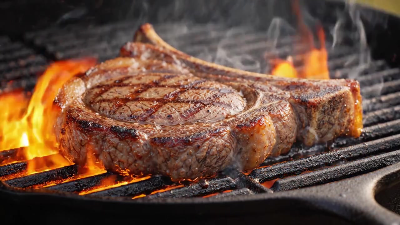 Brutzelnde Perfektion: Gegrilltes Ribeye-Steak in zwei Aufnahmen, das die saftige Textur und die köstlichen Flammen kulinarischer Meisterschaft zeigt.