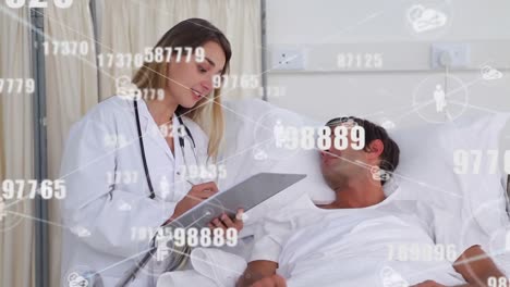 animation of network of connections and numbers over caucasian female doctor with patient