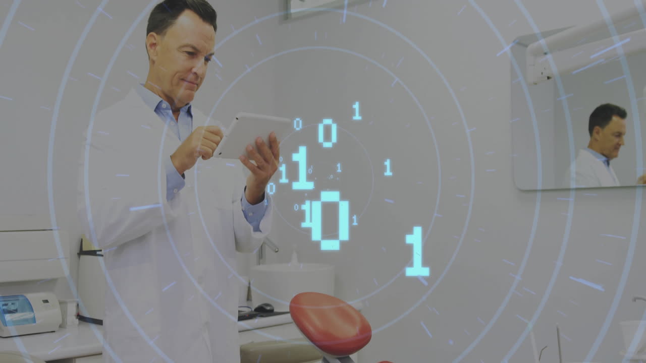 Animation of data processing over caucasian male dentist using tablet
