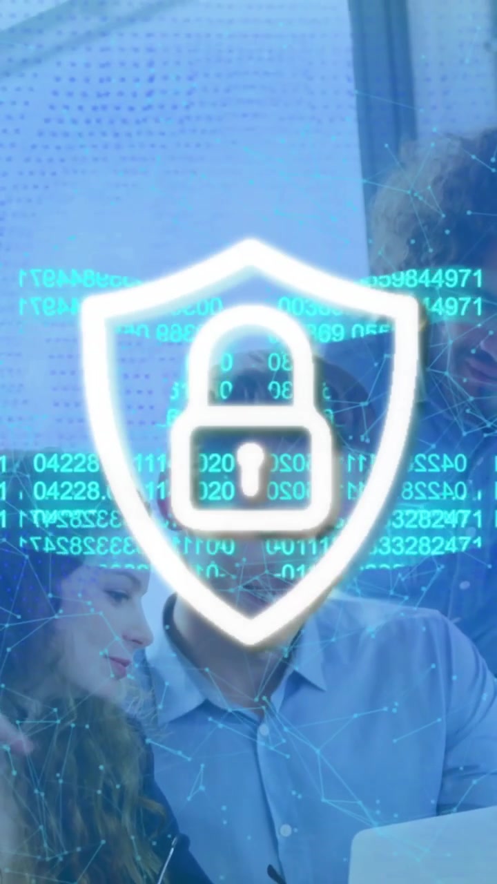 Team collaborating at office with digital security lock animation overlay