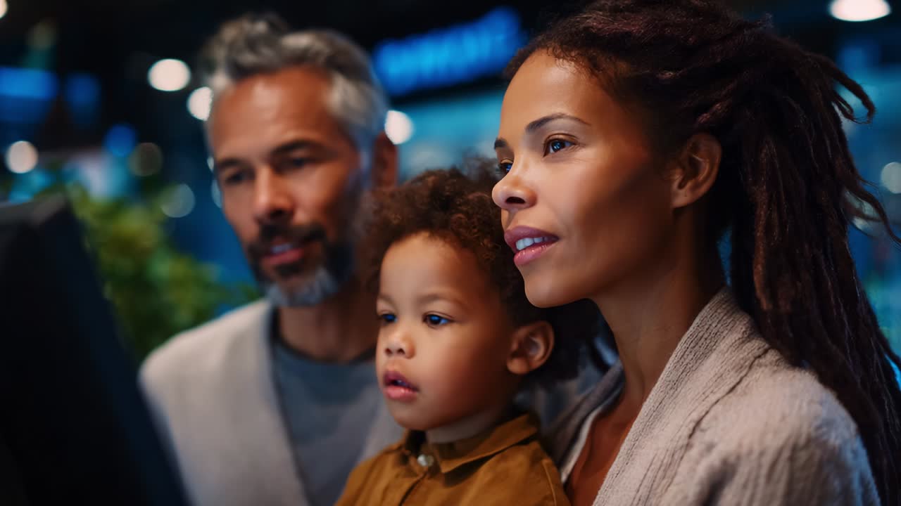 Una famiglia impegnata a imparare insieme: madre, padre e figlio che osservano uno schermo, interessati alla tecnologia, alla connessione e all'esplorazione in un ambiente moderno al chiuso