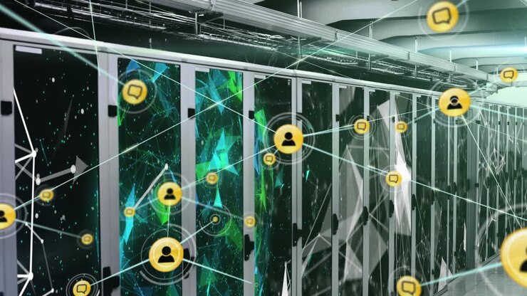 Web of connection with yellow circles and social icons