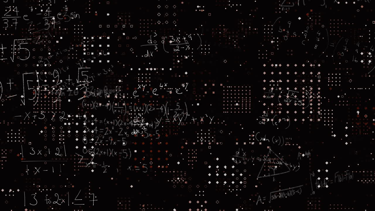 Animation of mathematical equations and dots pattern against black background