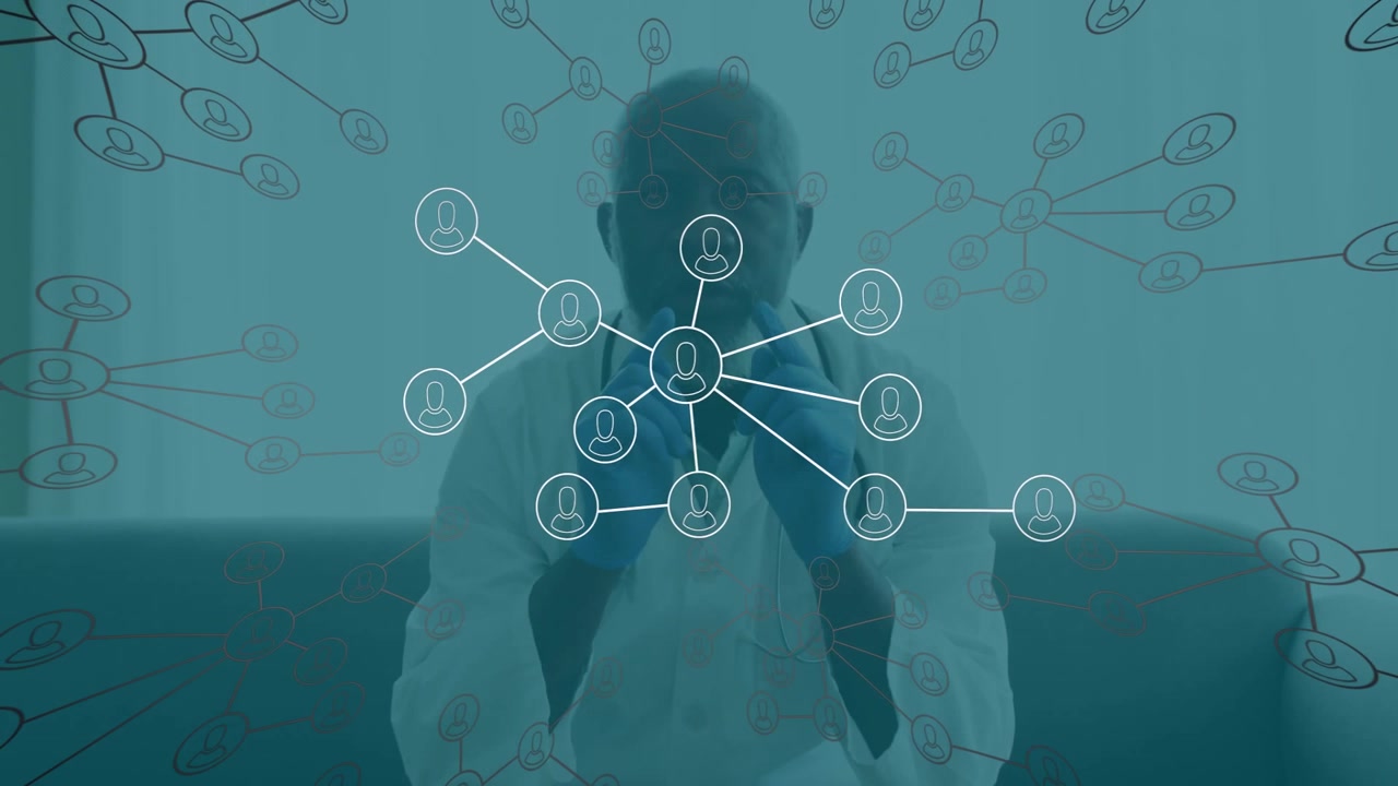 Mature male doctor wearing blue gloves holding stethoscope in clinic, showing digital network icons