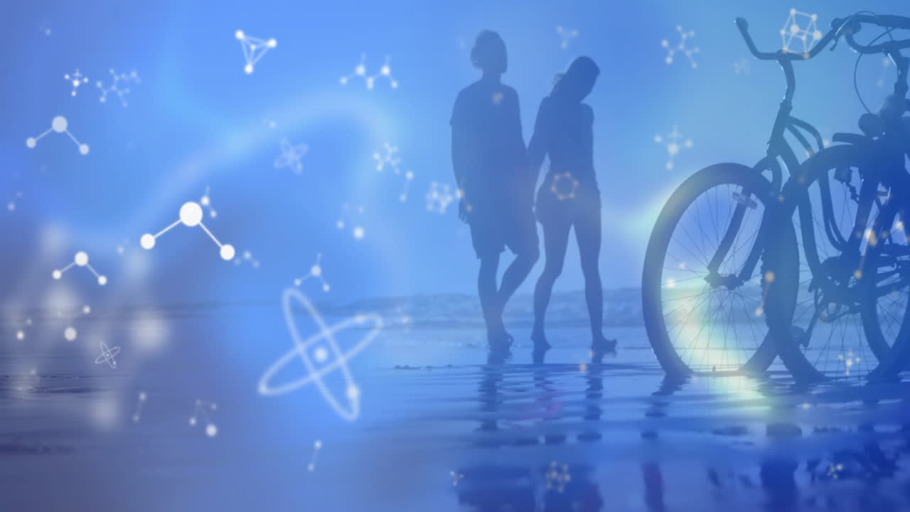 Walking on beach, silhouetted couple with scientific symbols and animation overlay