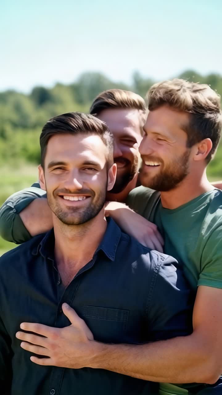 Fröhliche Gruppe junger Männer, die sich draußen umarmen