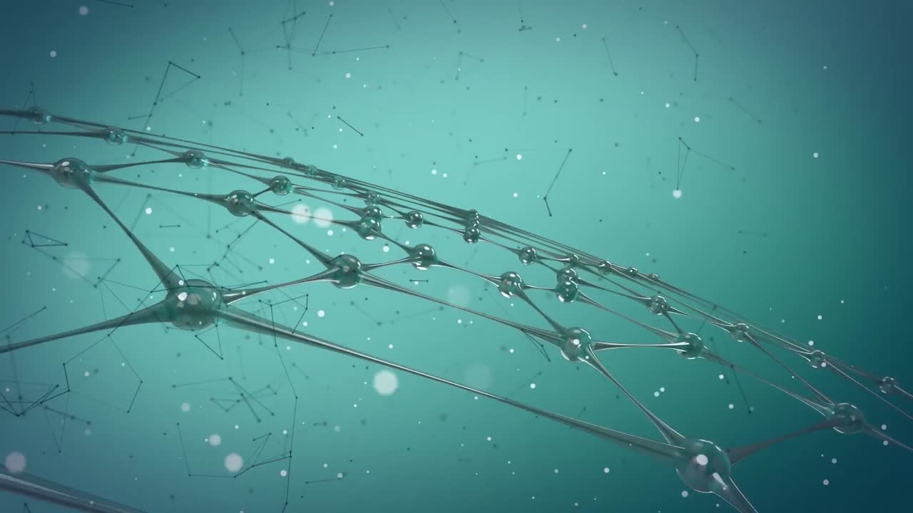 파란색 배경에 있는 분자 위의 빛 점의 애니메이션